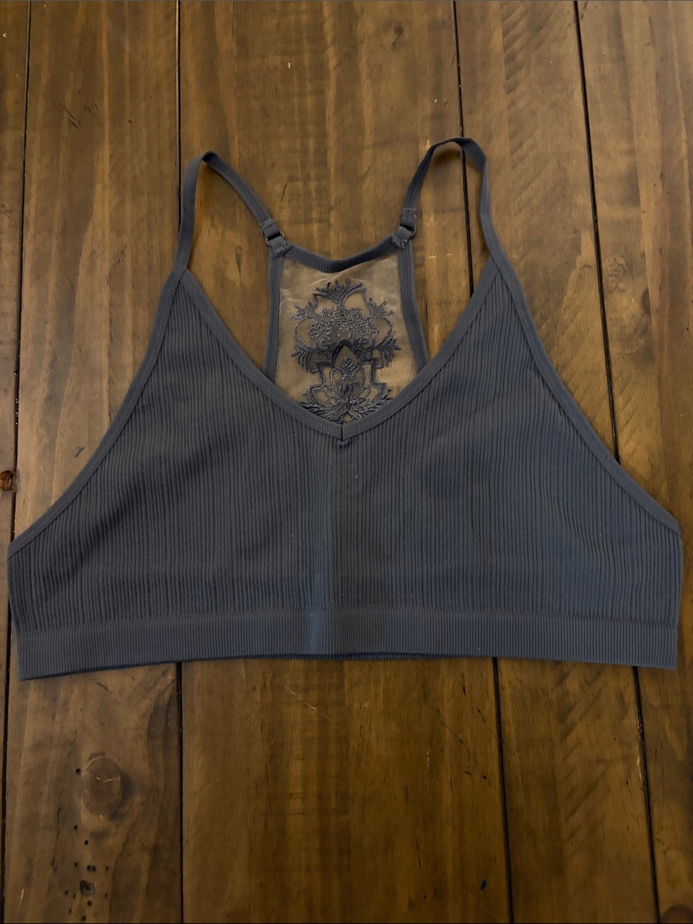 Ribbed Lace-Back Bralette in Charcoal Gray